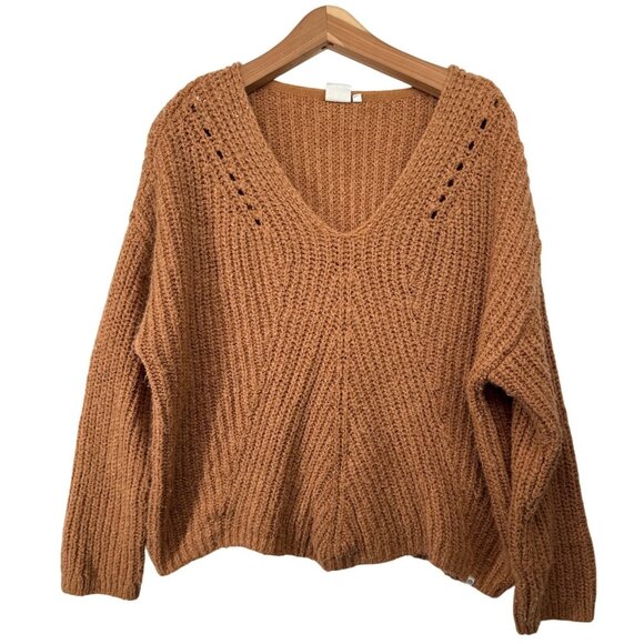 Rip Curl Womens Sweater Sz M Caramel V-Neck Chunky Ribbed Knit Beachy Outdoorsy - Picture 1 of 9